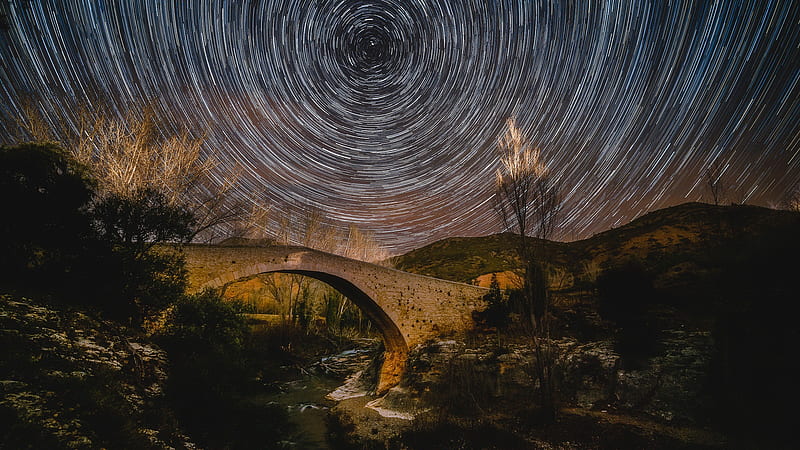 Earth, Star Trail, Bridge , Night , Stars, HD wallpaper