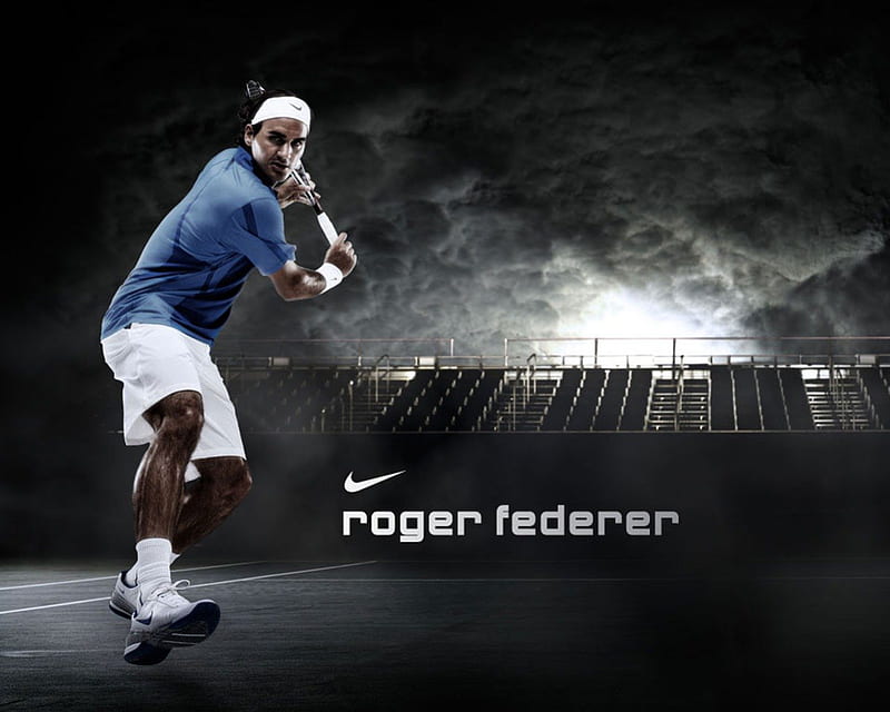 Roger Federer, playing, male, dark pic, tennis player, raquet, black, white, blue, HD wallpaper