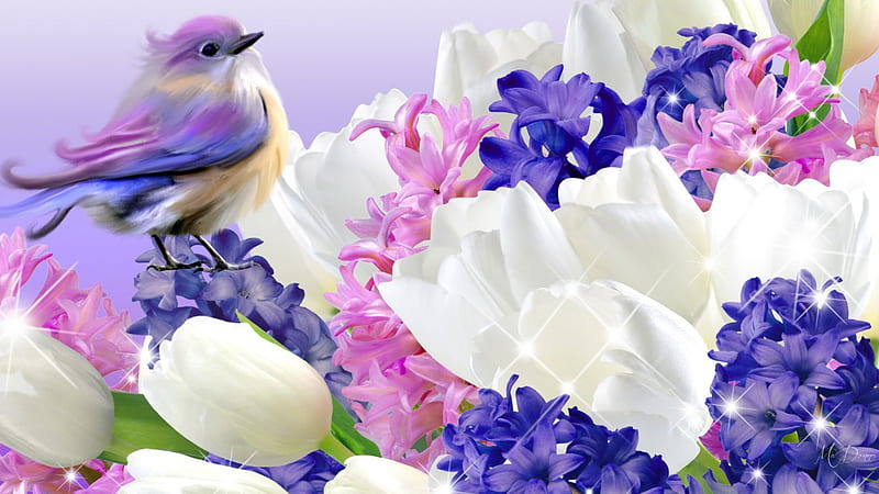 Spring Flowers and Bird, purple, bird, fragrant, pastel, spring, lavender, tulips, lilacs, HD wallpaper