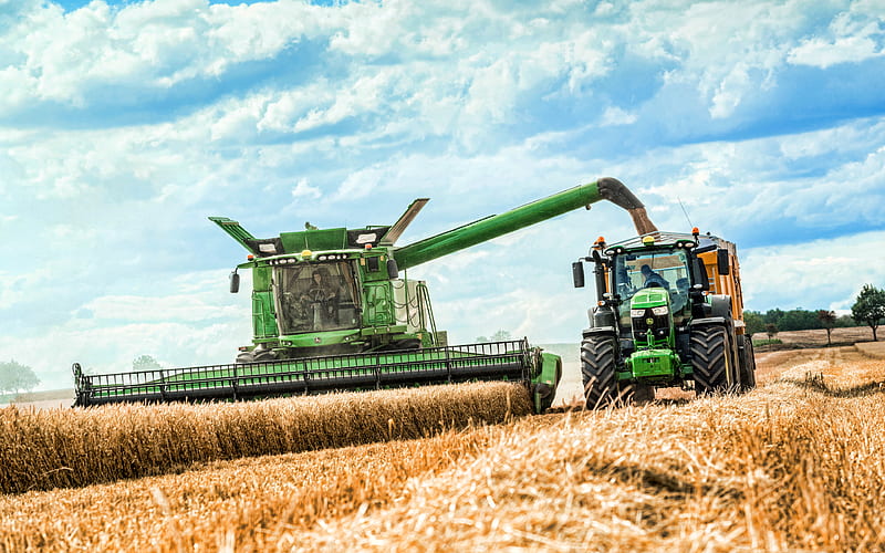 John Deere S770i, John Deere 6250R, combine harvester, 2021 combines, wheat harvest, harvesting concepts, agriculture concepts, John Deere, HD wallpaper