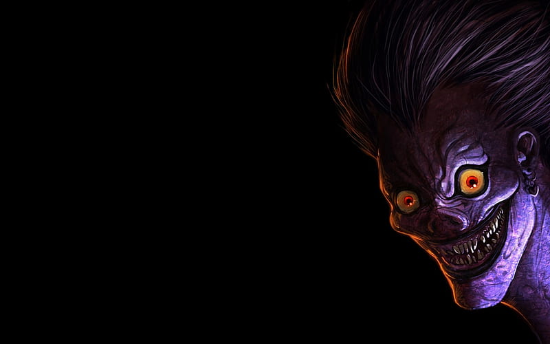 God of Death, halloween, black, ryuk, death note, purple, scary, face, eyes, HD wallpaper