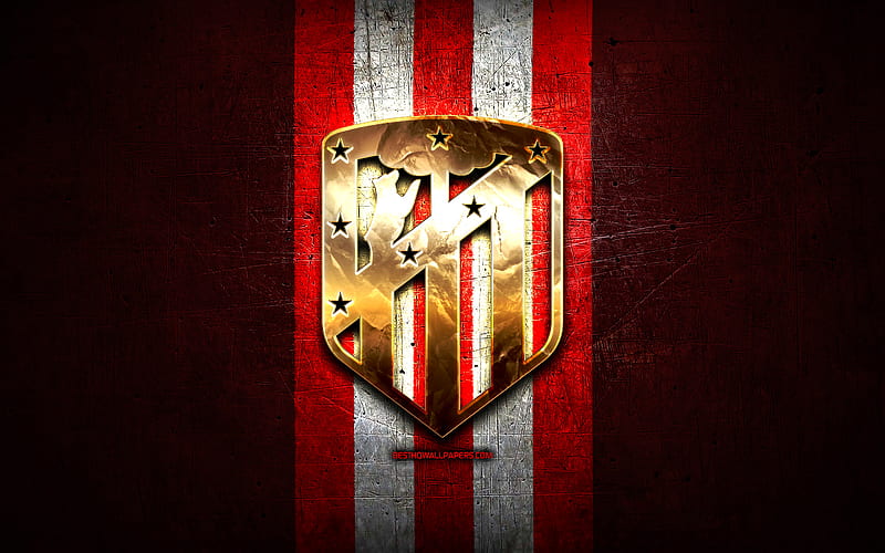 Atletico Madrid, golden logo, La Liga, red metal background, football, Atletico Madrid FC, spanish football club, Atletico Madrid logo, soccer, LaLiga, Spain, HD wallpaper