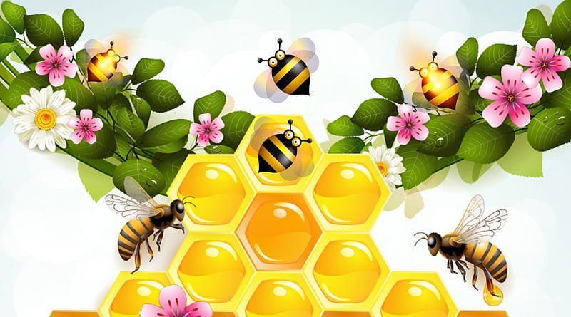 Sweet as Honey, flowers, honey comb, sweet, bees, whimsical, honey, bright, tasty, summer, flowers, HD wallpaper