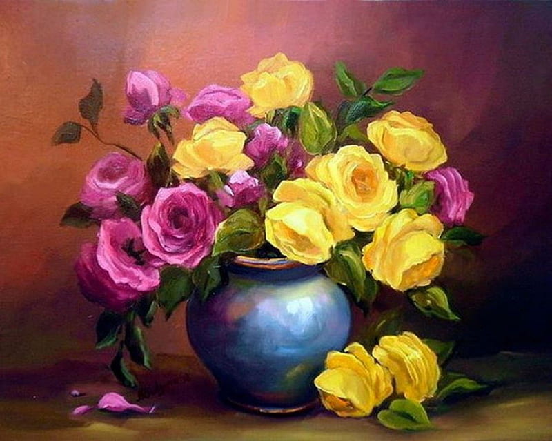 Roses for Purple Haze, art, purple, painting, yellow, roses, HD ...