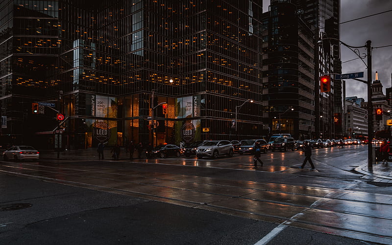 Toronto, crossroads, streets, evening, cloudy weather, Canadian city, Ontario, Canada, HD wallpaper