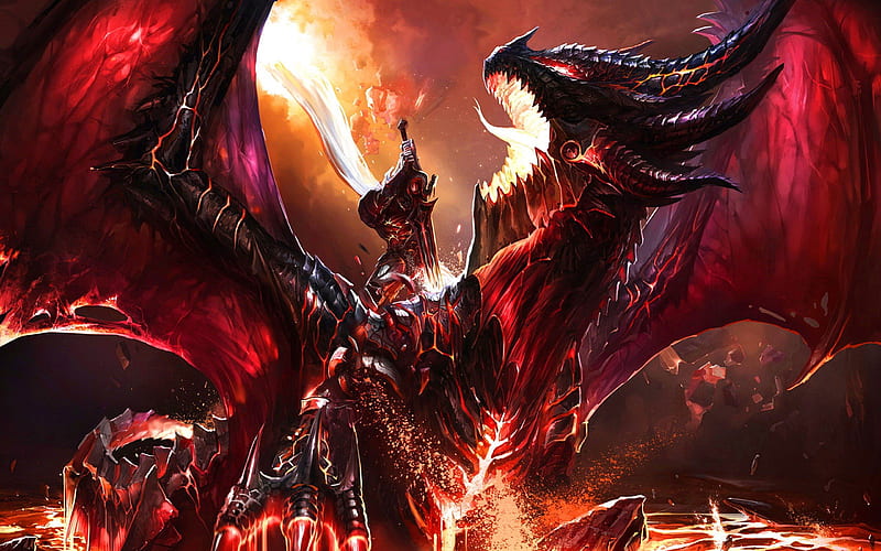 Dragonslayer, art, fire, fire dragon, fantasy, slayer, dragon, abstract, HD wallpaper