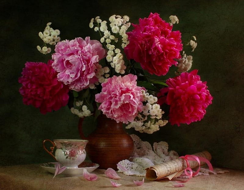 Pink peony with still Life, Cup, Jug, Saucer, Paper, HD wallpaper