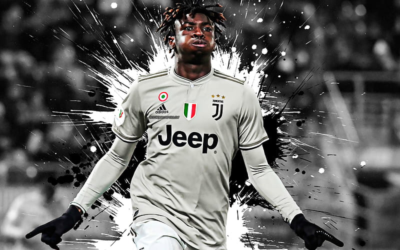 Moise Kean Italian football player, Juventus FC, striker, black and white paint splashes, creative art, Serie A, Italy, football, grunge, Juve, HD wallpaper