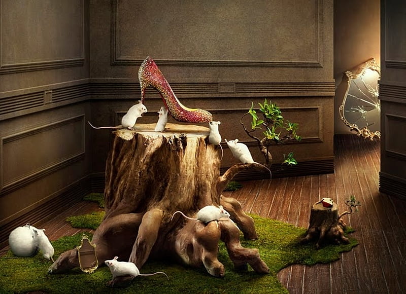 :-), louboutin, creative, cinderella, fantasy, add, khuong nguyen, mouse, commercial, pink, white, shoes, HD wallpaper