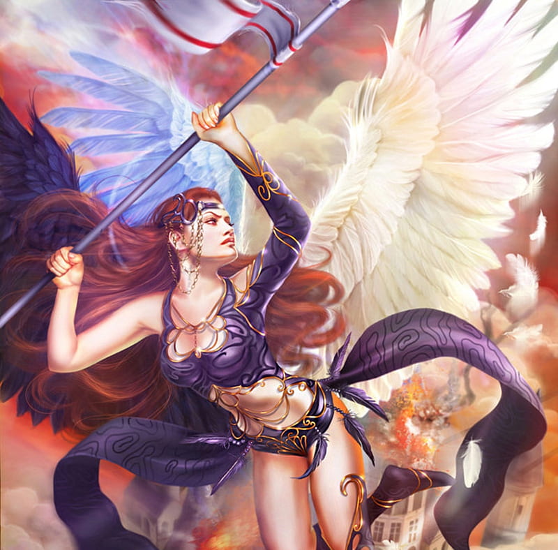 Three winged goddess, fantasy, wings, luminos, girl, redhead, angel, goddess, drazenka kimpel, HD wallpaper
