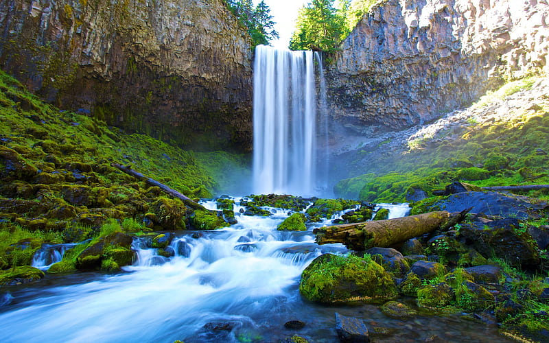 Summer River Waterfall Water Oregon-Travel scenery, HD wallpaper