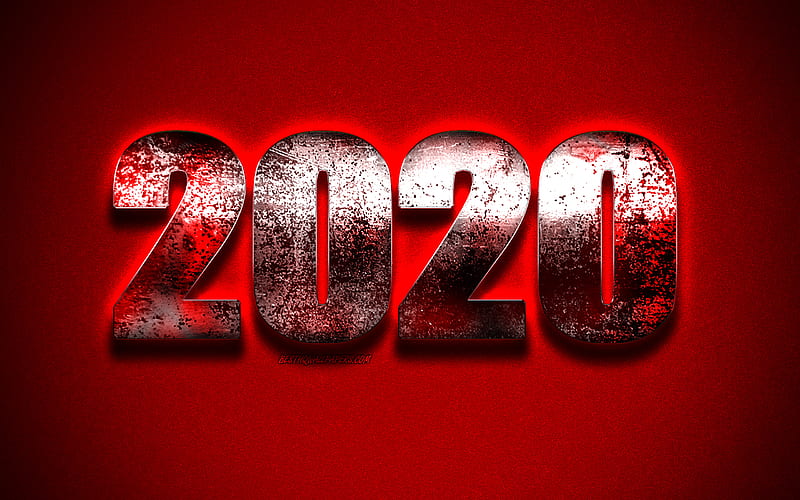 2020 New Year, Red 2020 background, metal letters, Grunge 2020 Red Background, Happy New Year, 2020 concepts, HD wallpaper