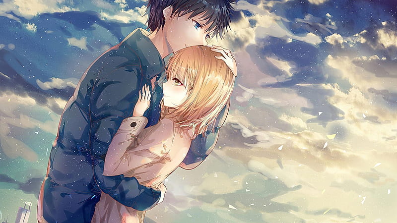 Anime Couple Blue Eyes Girl Sky Background Anime Couple, HD wallpaper