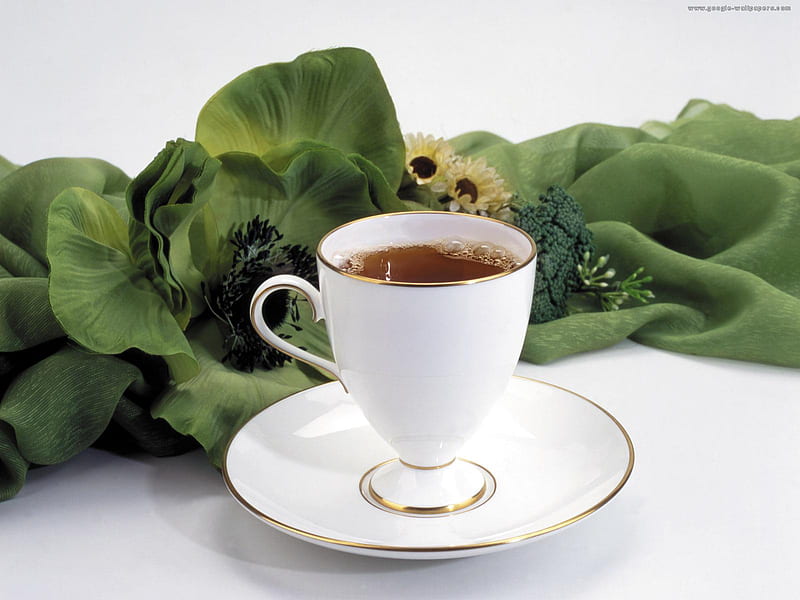 Tea Time, shawl, tea cup, green, flower, bonito, white, tea, HD wallpaper