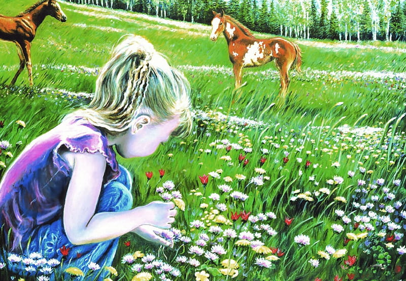Fillies and Flowers - Horses FC, art, equine, bonito, horse, artwork, animal, little girl, painting, wide screen, flowers, field, HD wallpaper