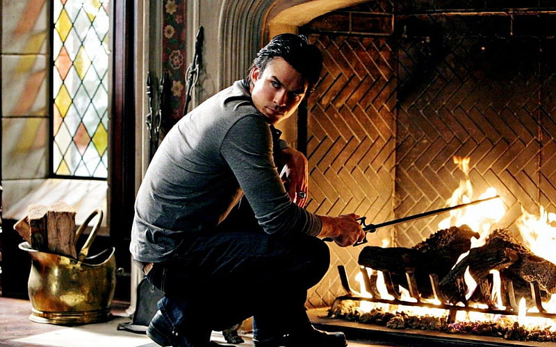 ~Damon~, Fireplace, Sexy, Salvatore, Damon, vampire, The Vampire Diaries, HD wallpaper