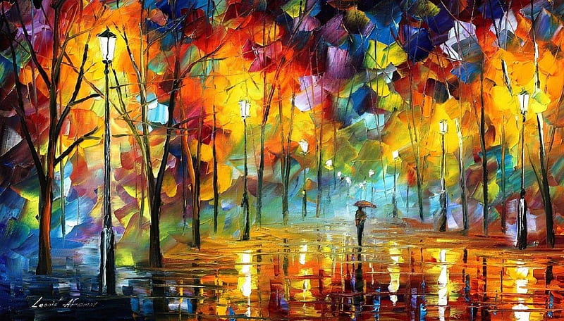 Park, orange, lights, nostalgic, somber, painting, brilliance, blue, night, art, sparkling, warm, lively, glitter, Leonid Afremov, abstract, mood, cool, vibrant, rain, HD wallpaper