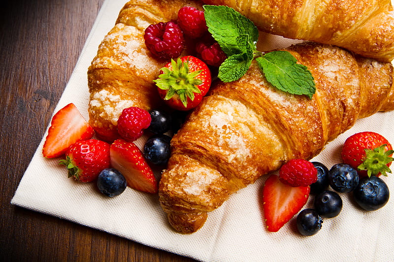 Food, Croissant, Berry, Blueberry, Breakfast, Fruit, Strawberry, HD wallpaper