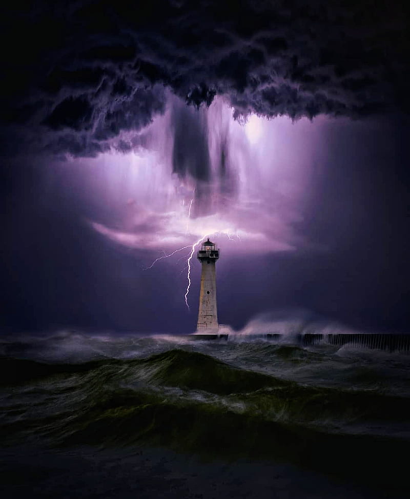 Lighthouse storm, edge, house, houses, light, lightening, lighthouses, ocean, rain, HD phone wallpaper