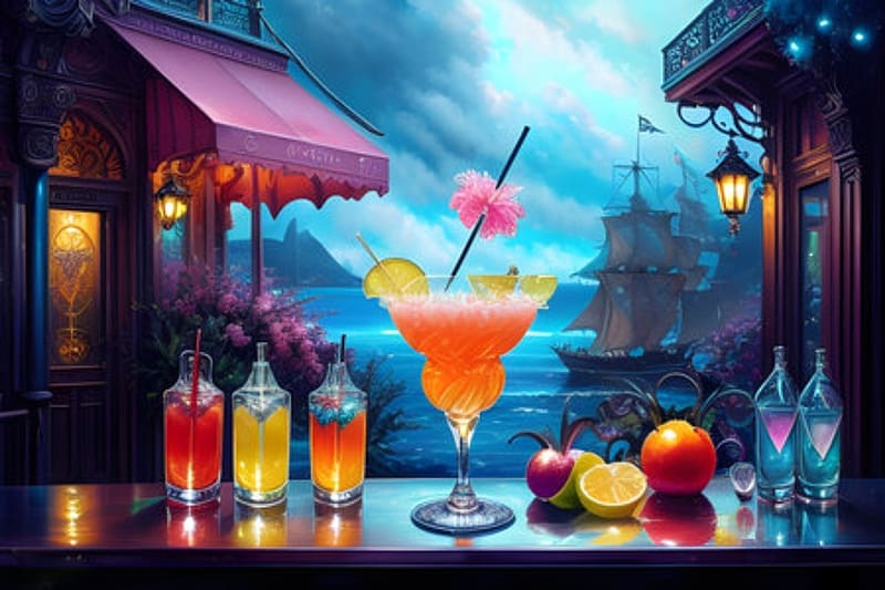 Cocktail on the beach, Party, Lemon, Blue, Bar, Alcohol, Glasses, HD wallpaper