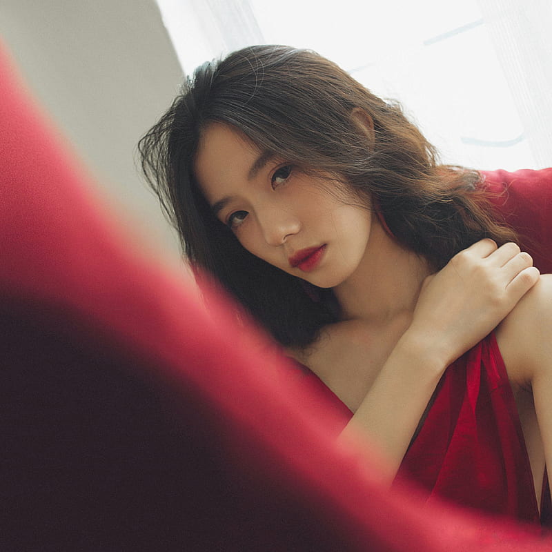 model, women, face, women indoors, dark hair, red lipstick, Asian, HD phone wallpaper