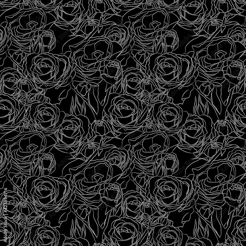 Abstract floral vector seamless pattern with white contours of rose flowers on black background. Template for design, textile, , wrapping, carton. Stock Vector, HD phone wallpaper