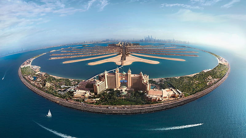 Palm Jumeirah, architecture, resort, sea, modern, boat, marine, UAE, man made, hotel, ocean, Dubai, Arab, building, water, 7 star, island, HD wallpaper