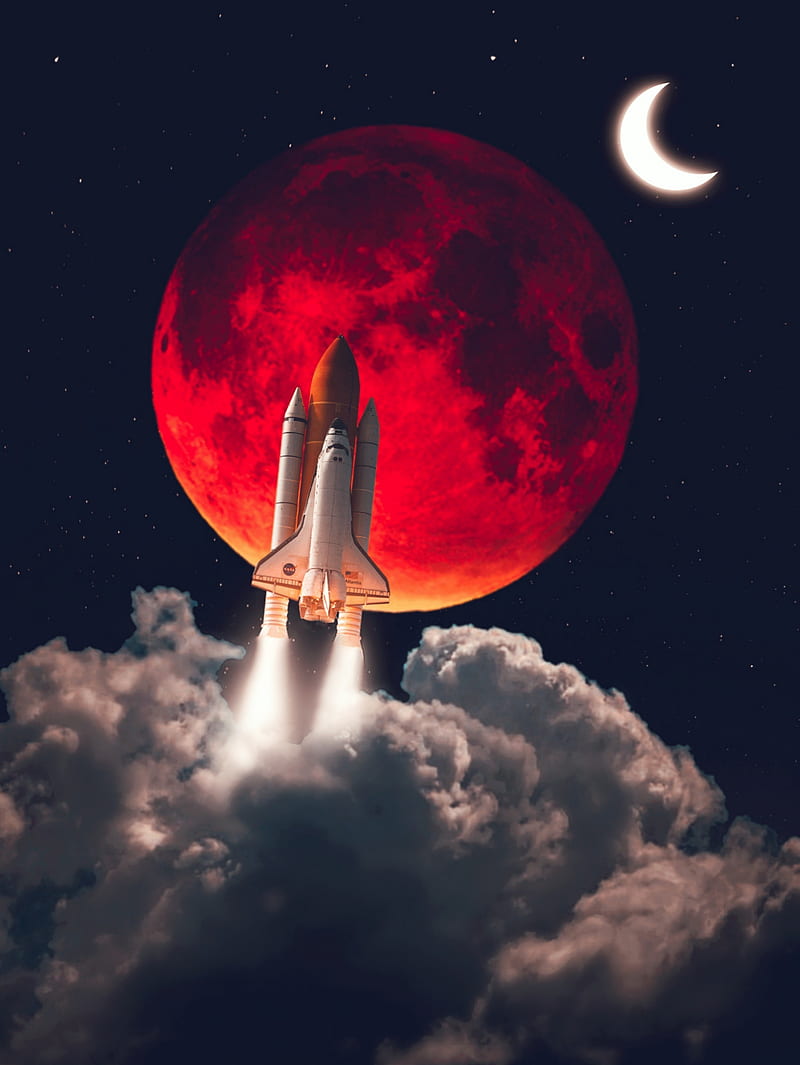 Red Moon Rising, GEN_Z__, black sky, clouds, collage, cosmos, crescent moon, digital, digitalmanipulation, full moon, galaxy, nasa, night, manipulation, red moon, rocket, sky, space, space adventure, space conquest, stars, takeoff, takeoff space, trip space, universe, white clouds, HD phone wallpaper