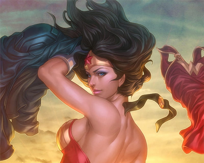 Wonder Woman, red, fantasy, luminos, girl, yellow, comics, stanley artgerm lau, HD wallpaper