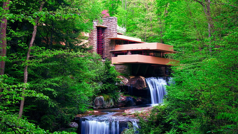copy of a Frank Lloyd Wright house in germany, architecture, forest, house, waterfalls, HD wallpaper