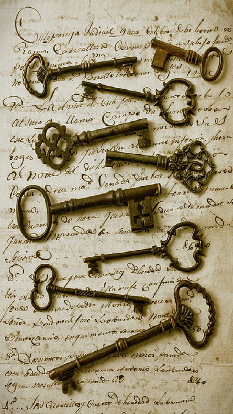 Antique Keys, book, brass, vintage, HD phone wallpaper
