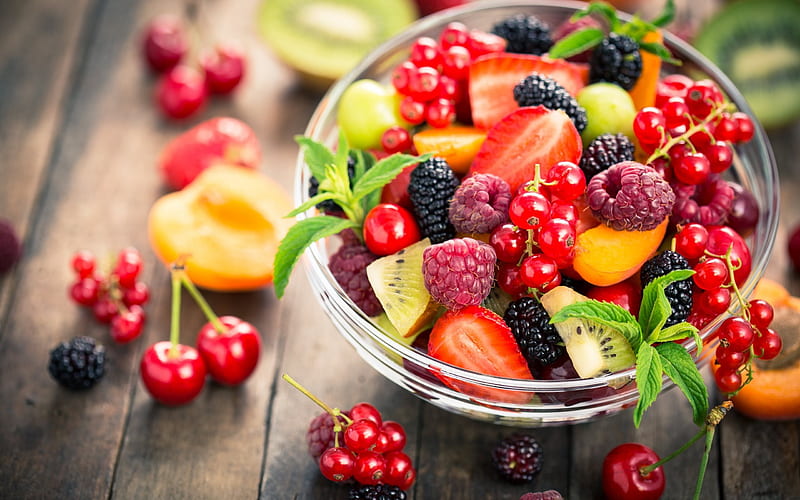 Fruit salad, raspberry, apricots, mulberry, kiwi, HD wallpaper