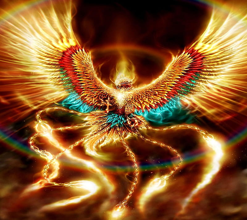 Phoenix, ash, burn, color, fancy, golden, rainbow, wings, HD wallpaper