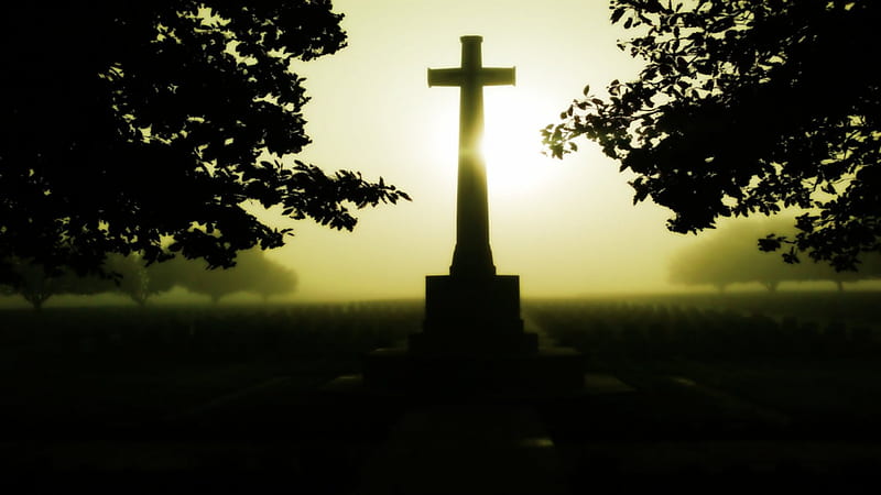 Dawn for someone, cross, wp, trees, cemetery, HD wallpaper | Peakpx