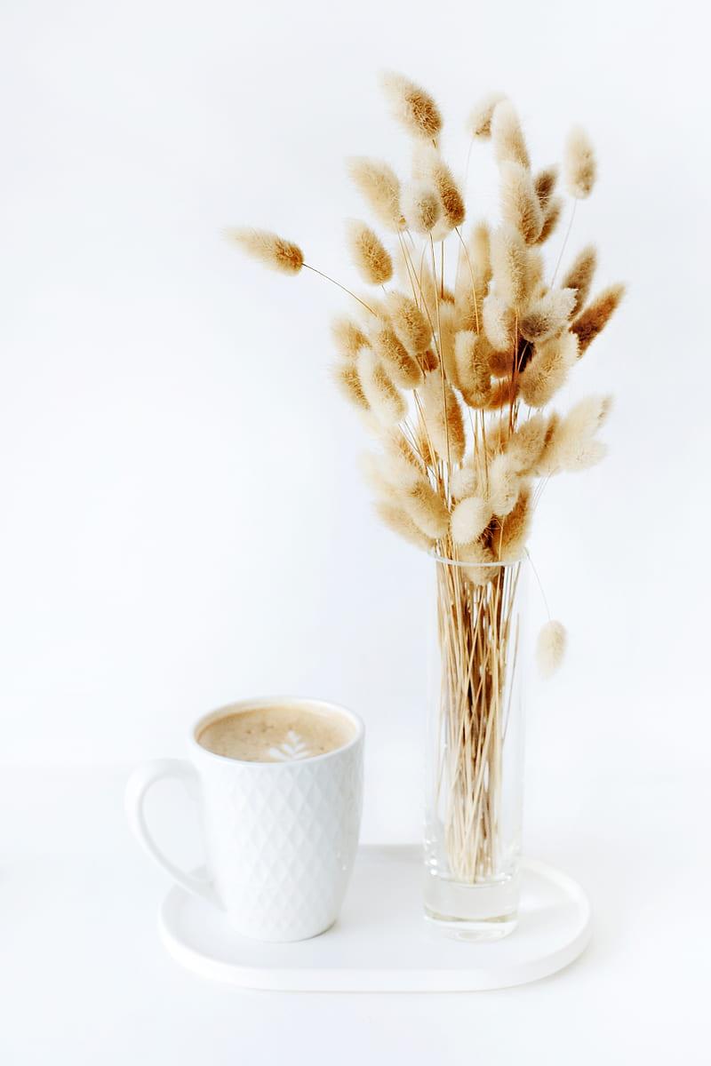 Bouquet of dried plants placed near cup of coffee, HD phone wallpaper