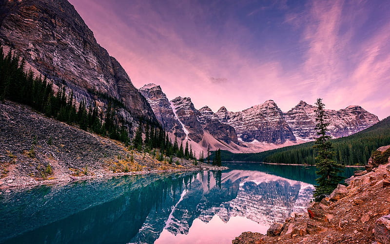 moraine lake, mountains, canada, sunset, HD wallpaper