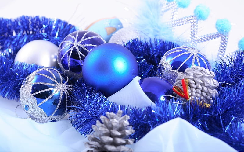 Christmas, blue Christmas balls, decorations, New Year 2018, cones, HD wallpaper