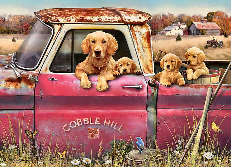Cobble Hill Farm Dogs F2Cmp, art, bonito, Golden Retrievers, artwork, canine, animal, pet, painting, wide screen, dog, HD wallpaper