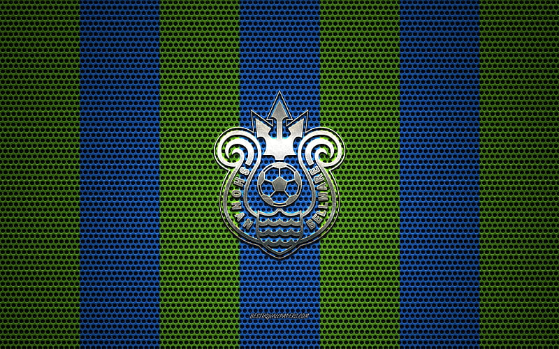 Shonan Bellmare logo, Japanese football club, metal emblem, green-blue metal mesh background, Shonan Bellmare, J1 League, Hiratsuka, japan, football, Japan Professional Football League, HD wallpaper