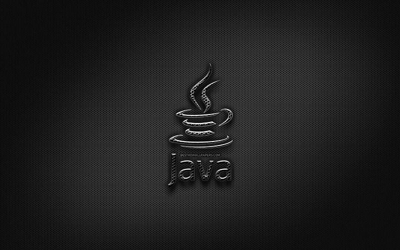 Java black logo, programming language, grid metal background, Java, artwork, creative, programming language signs, Java logo, HD wallpaper