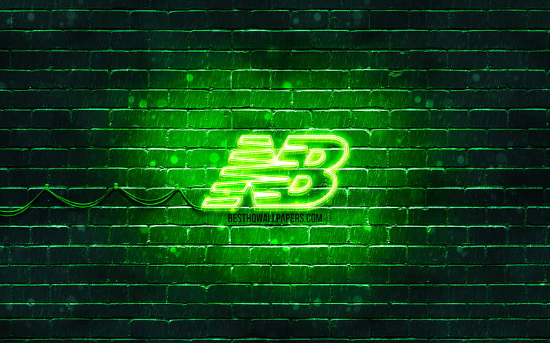 New Balance green logo green brickwall, New Balance logo, brands, New Balance neon logo, New Balance, HD wallpaper