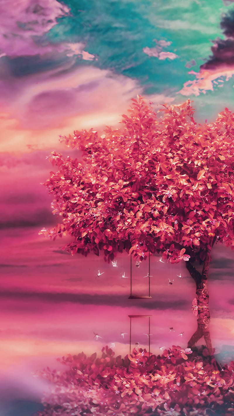 Tree, landscape, pink, sky, swings, HD phone wallpaper