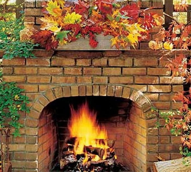 Outdoor Fireplace, fireplace, architecture, fall leaves, outdoor, HD wallpaper