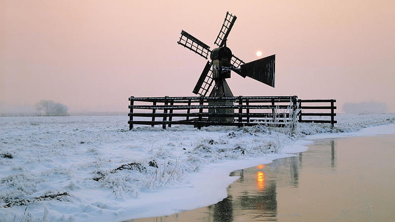 windmill by the river at winter, home place, windmills, molen, kinderdijk, netherlands, south holland, water, in, Home town, HD wallpaper
