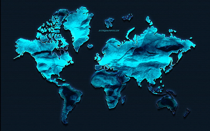 Blue creative world map, blue neon light, metal world map, continents, world map silhouette, neon art, world map concepts, HD wallpaper