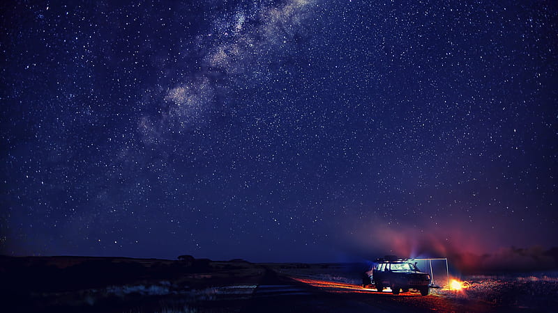 Blue Sky With Stars And A Car On Side Of Road During Nighttime Space, HD wallpaper