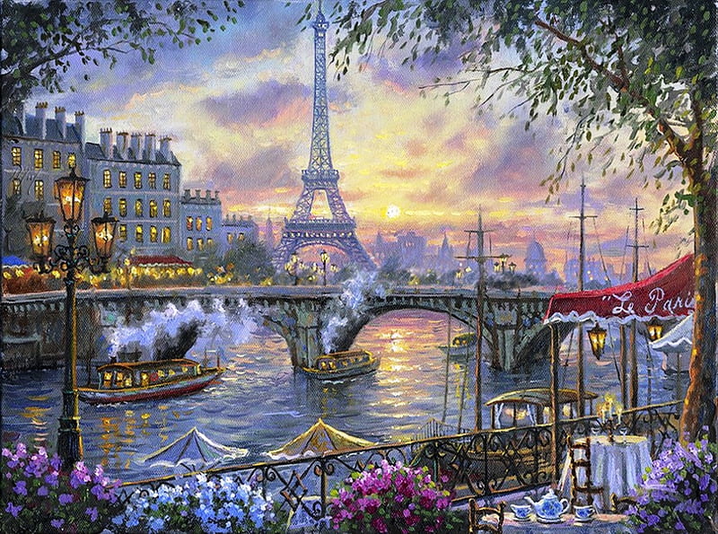 Tea Time in Paris, table, sky, clouds, can, artwork, restaurant, bridge, eiffel tower, painting, chairs, flowers, river, HD wallpaper
