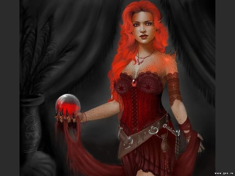 Witchy Woman, Belt, Pretty, Crystal Ball, Red Dress, Red Hair, Curtain, Necklace, Makeup, dark, Sash, Bracelets, Vase, Black Nails, Woman, HD wallpaper