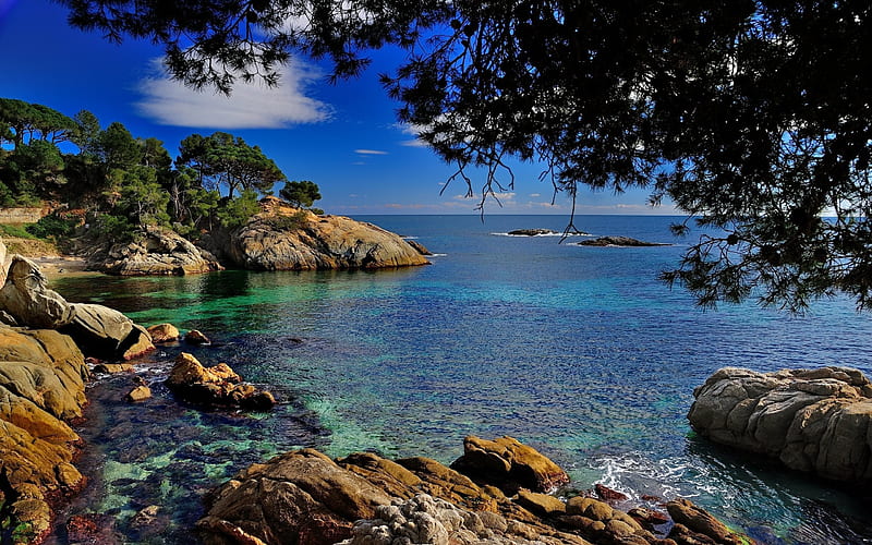 Spain, coast, Costa Brava, sea, Catalonia, Castell-Platja d Aro, summer, HD wallpaper