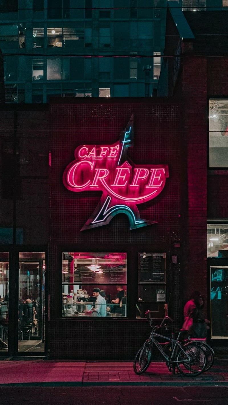 Cafe Crepe, building, neon, pink, HD phone wallpaper